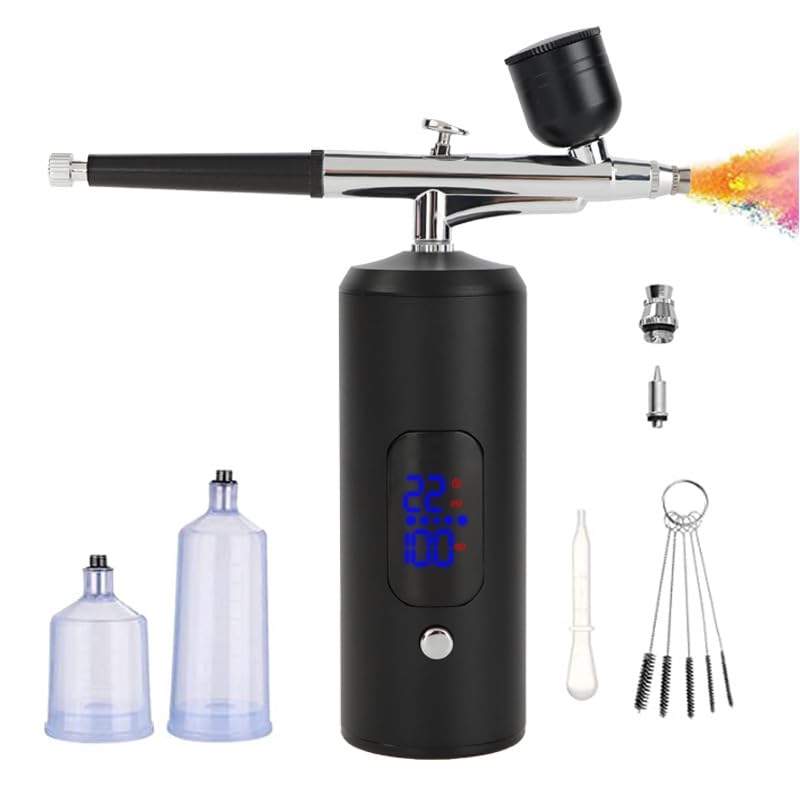 HANNEA® Airbrush Kit, Rechargeable LCD Airbrush Spray Gun with 3 Pressure Level, 0.3mm Nozzle, Portable Airbrush Compressor for Painting, Makeup, Nails, Model Craft HANNEA® Airbrush Kit, Rechargeable LCD Airbrush Spray Gun with 3 Pressure Level, 0.3mm Nozzle, Portable Airbrush Compressor for Painting, Makeup, Nails, Model Craft